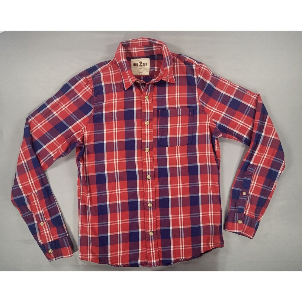 Hollister California Mens Flannel Plaid Long Sleeve Button Down Shirt Red Blue L